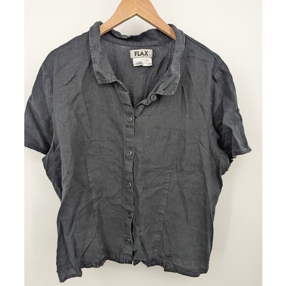 FLAX 100% Linen Button Front Top Women’s Large Gray Short Sleeve Minimalist Top - Picture 1 of 4